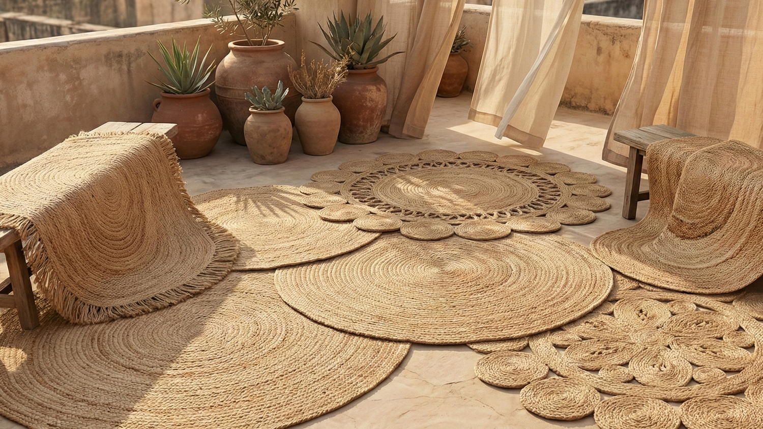 Woven rugs and mats arranged on a rooftop with potted plants and curtains.